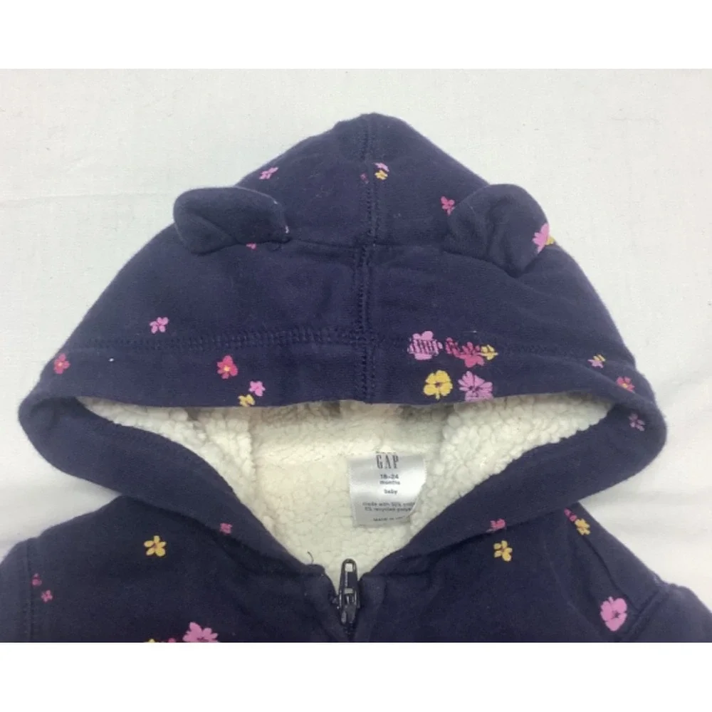 Girls GAP Navy Floral Fleece Lined Sweatshirt Size 18-24 Months Full Zip hooded